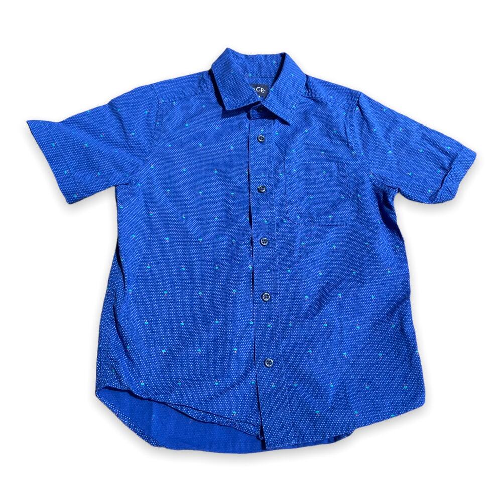 Children's Place Boys Shirt Size 7 8 M Blue Polka Dot Palm Tree Short Sleeve
